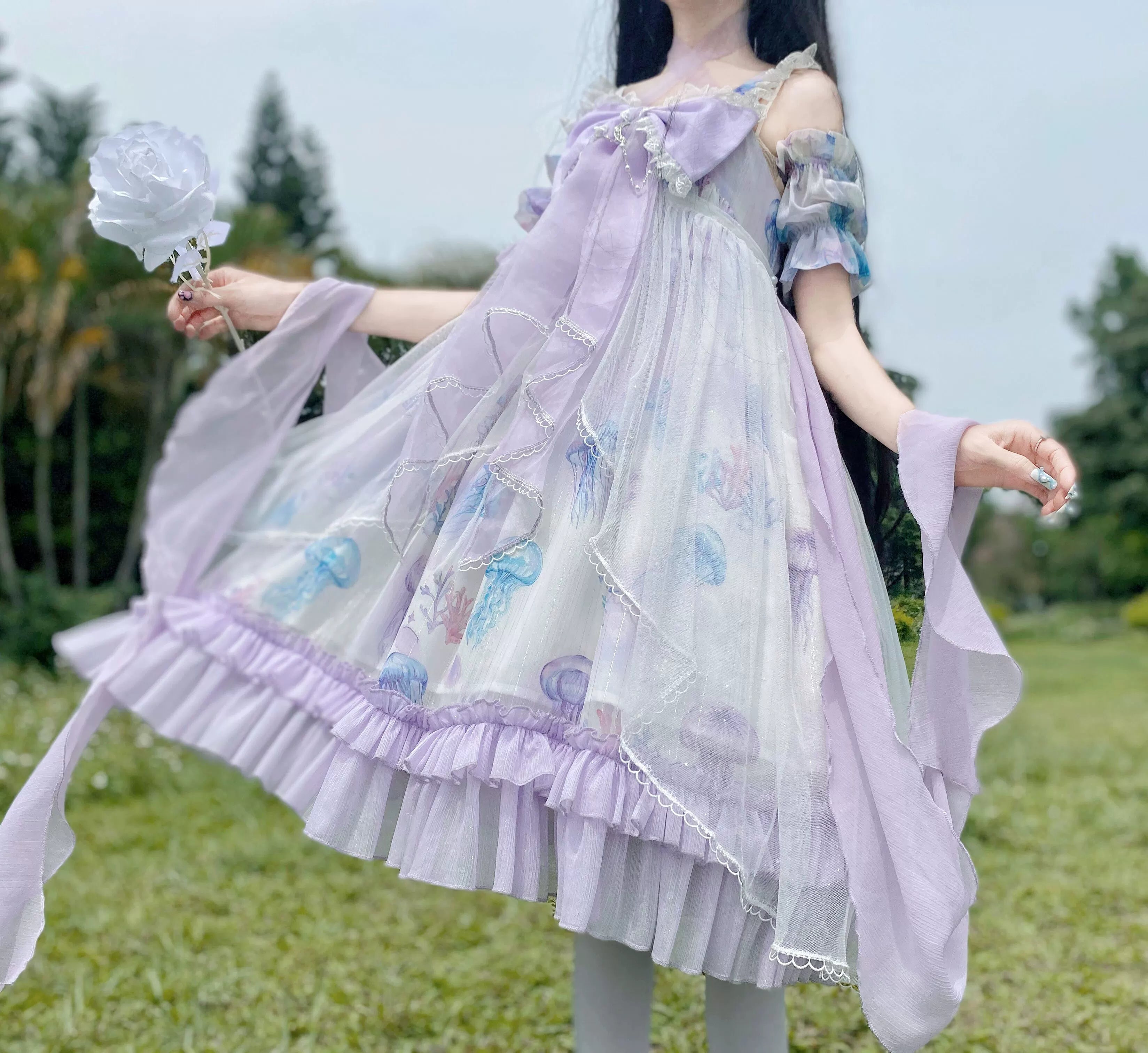 Coral Jellyfish - Sweet Lolita High-waist JSK Dress, Jellyfish & Coral Print 44906:827399
