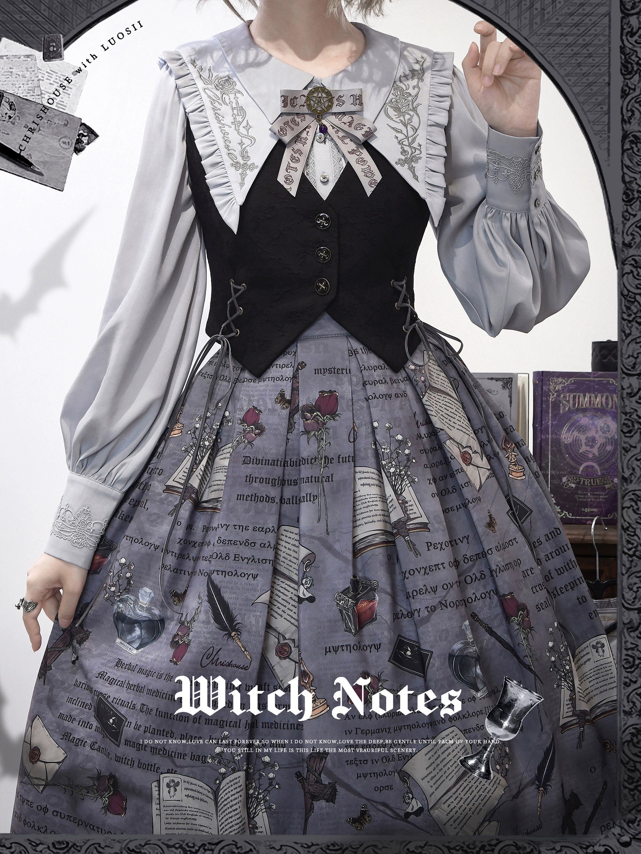 Chris House Lolita - Witch Notes - Gothic Loliat Embroidered Dress Suit, Cross and Rose Print 44096:795000