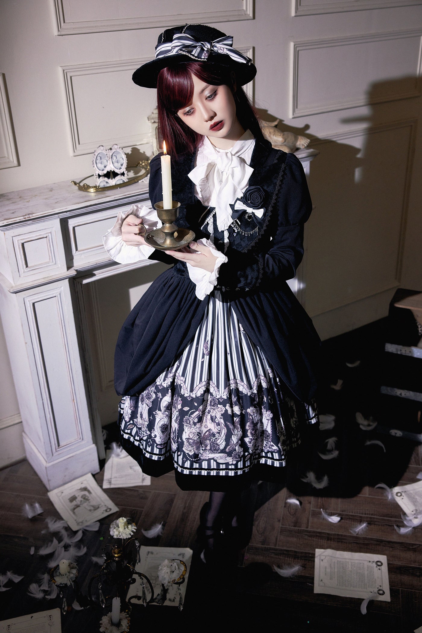 Little Bear - Gothic Lolita Black and White Striped JSK Set