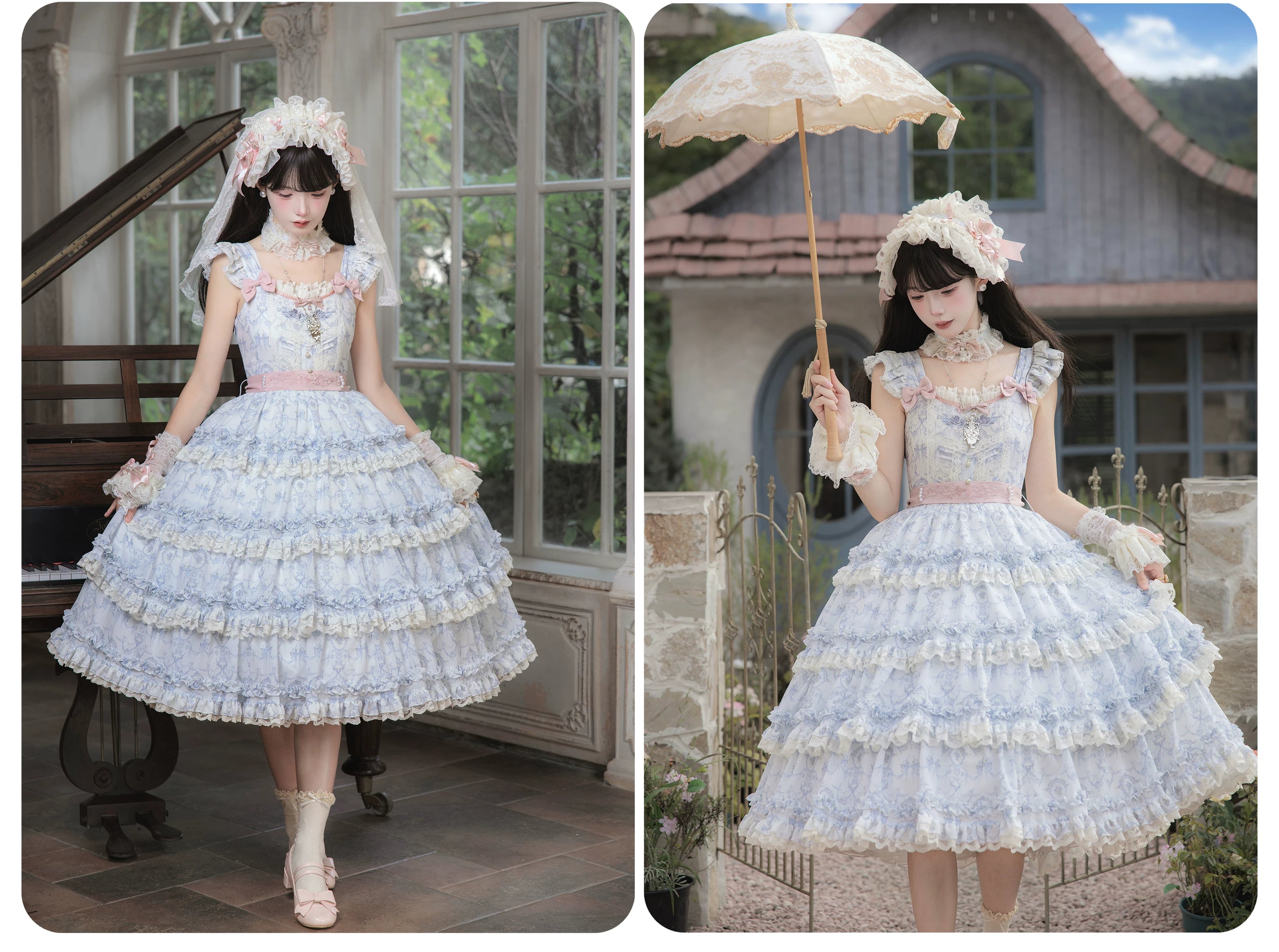 Rose Fragrance - Classic Lolita Lace JSK & OP Dress, Rose & Perfume Bottle Print 45850:865589