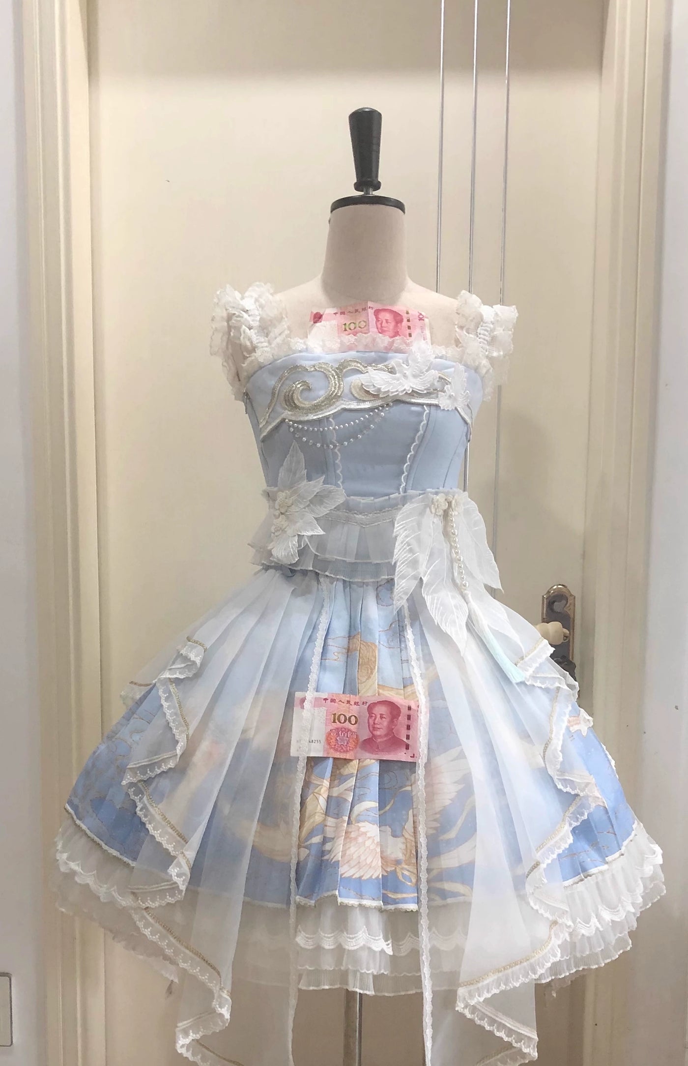 (BFM)Unicorn Wing~Starry Mirror Phoenix~Chinese Style Lolita JSK Dress Set Light Blue Two-Piece Set S 