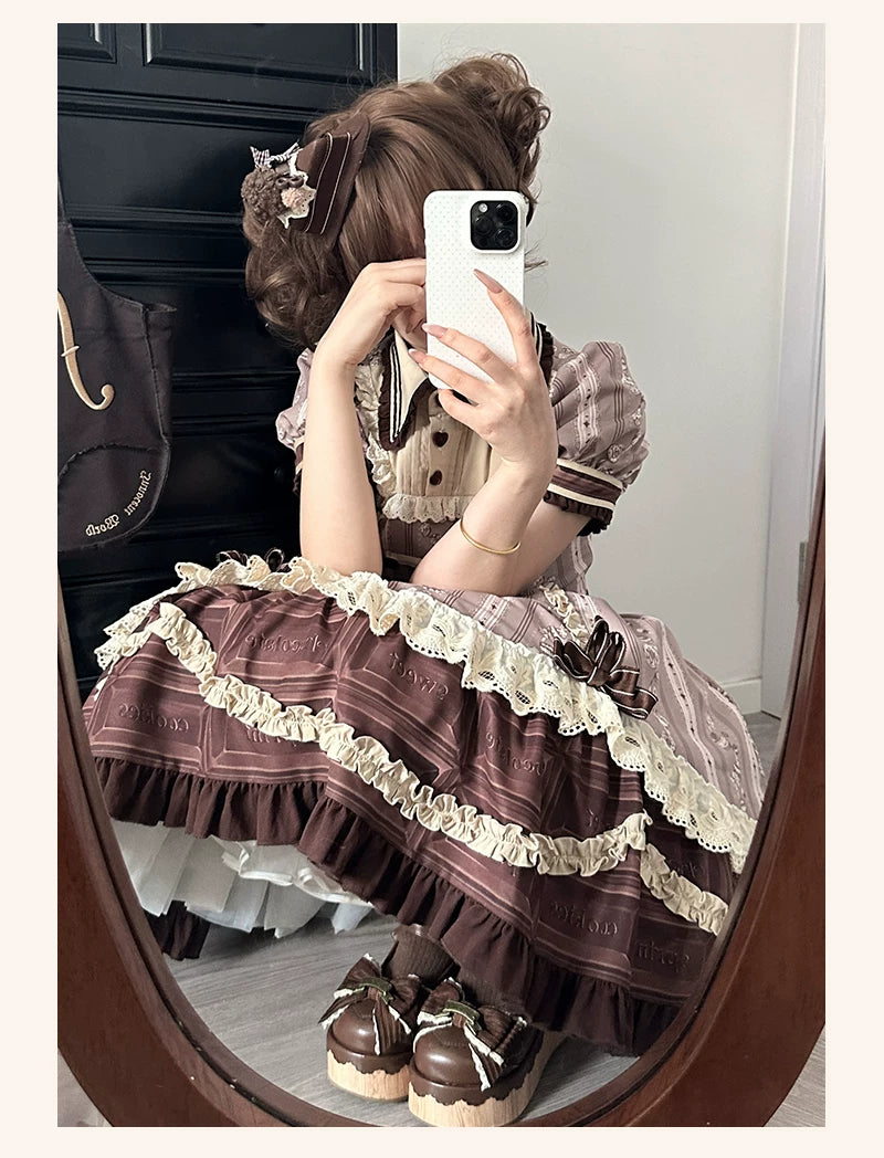 Chocolate Cone - Kawaii Lolita Dessert Print OP Dress, Detachable Sash Set 45782:862681