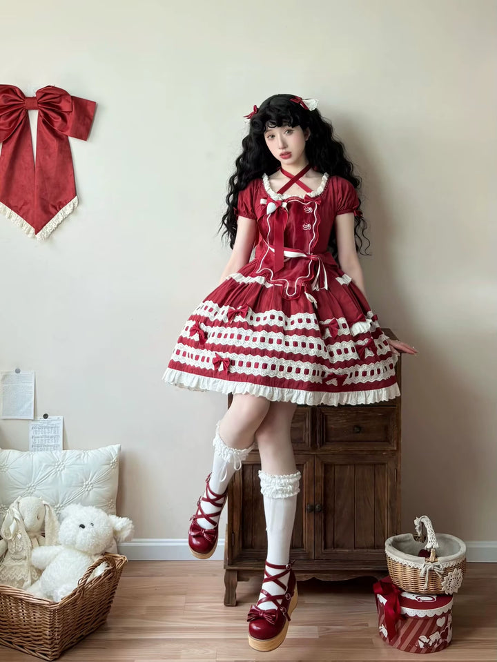 Uncle Wall Original~Cream Piping Artist~Cotton Sweet Lolita OP Halter-neck Dress With Accessory