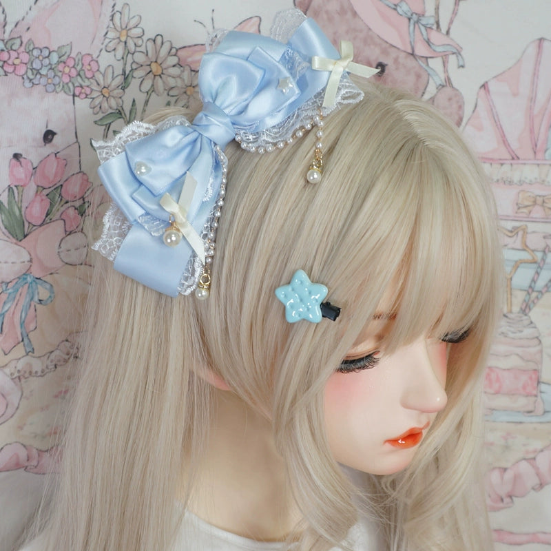 MaoJiang Handmade - Dreamy Sweet Lolita Layerd Bow Hair Clip, Pearl Accents