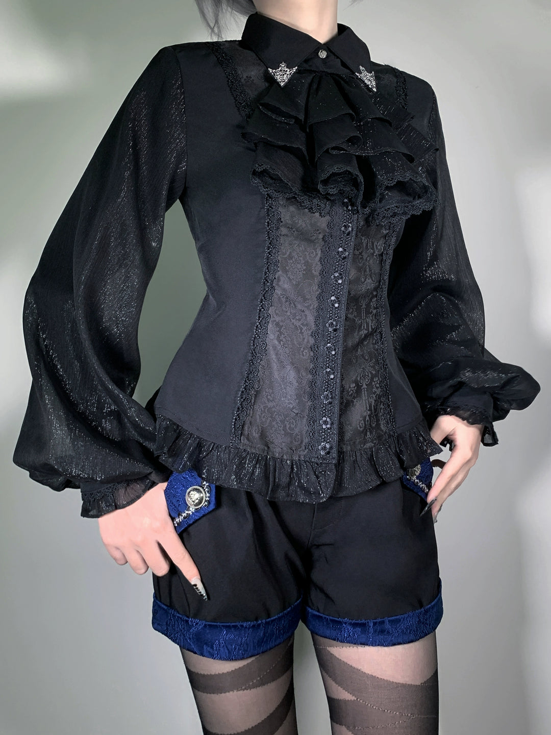 Little Dipper~Silver Elimination~Ouji Lolita Blouse with Long Sleeves and Jabot Black blouse with jabot S