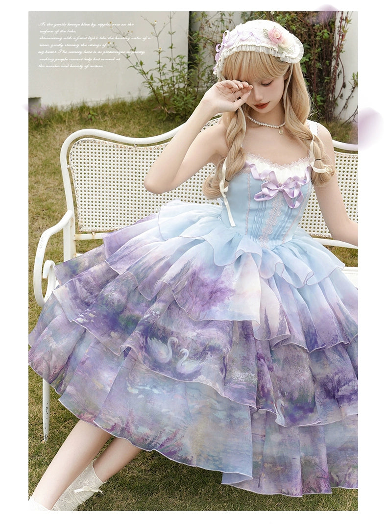 Urtto~Swan Lake~Sweet Lolita JSK Dress Tiered Oil Painting Dress   