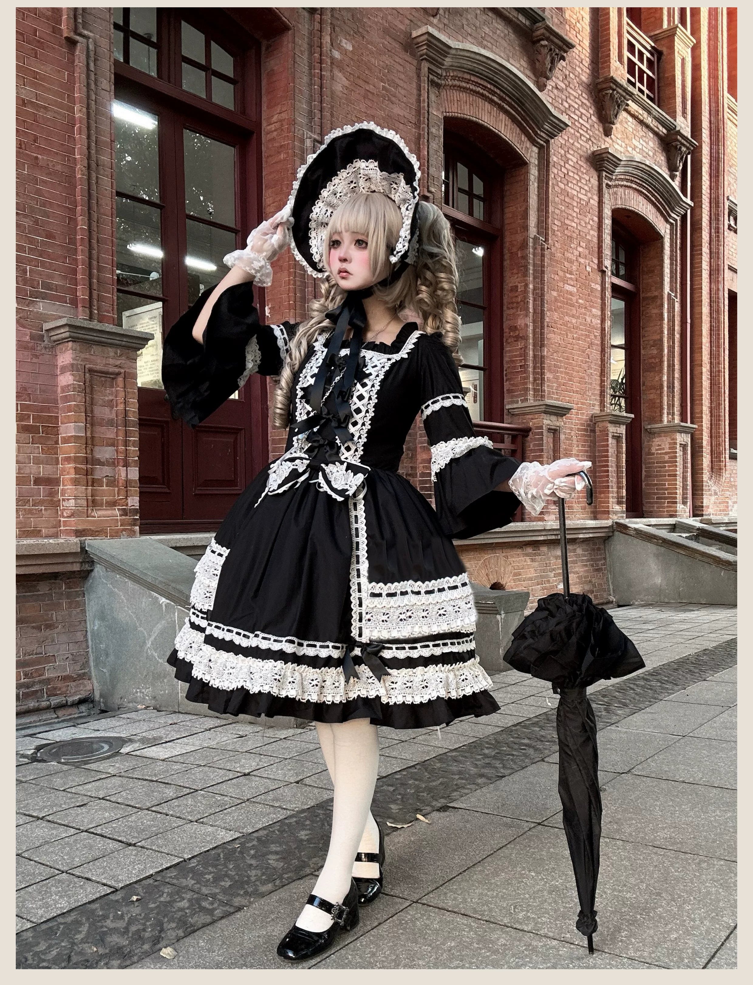 First Otome - Black Old School Lolita OP Dress, Lace Details