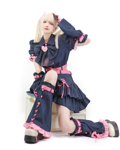 (Buyforme)Bubble Trap~Y2K Denim Sweetheart Skirt Set S dark blue (rose red belt) 