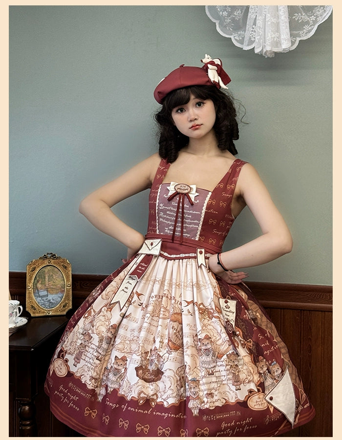 Alice Girl~Fox Band~Printed Sweet Lolita JSK Dress Square Neckline Daily Dress Red Short JSK (with a chest bow and a waist tie) XS