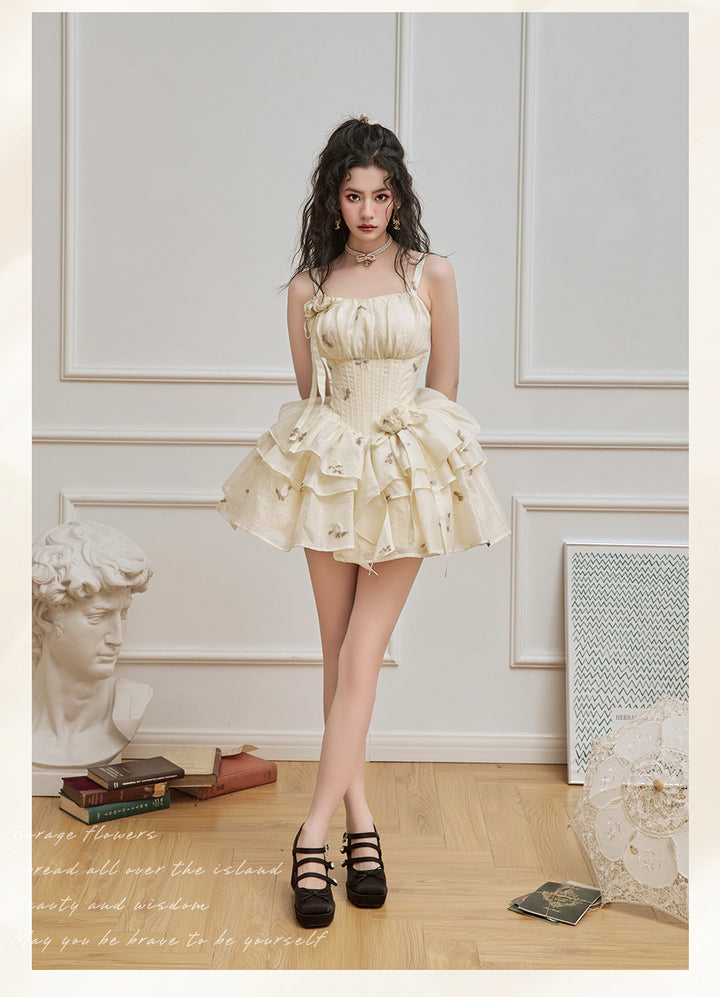 LIULI LSLAND~Elegant Lolita High Waist Beige Fishbone Dress free size short fishbone dress 