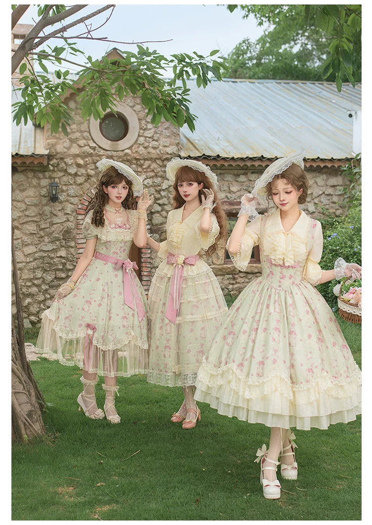 Wind Swept Roses - Classic Lolita Rose Printed Dress Set, Petal Hem