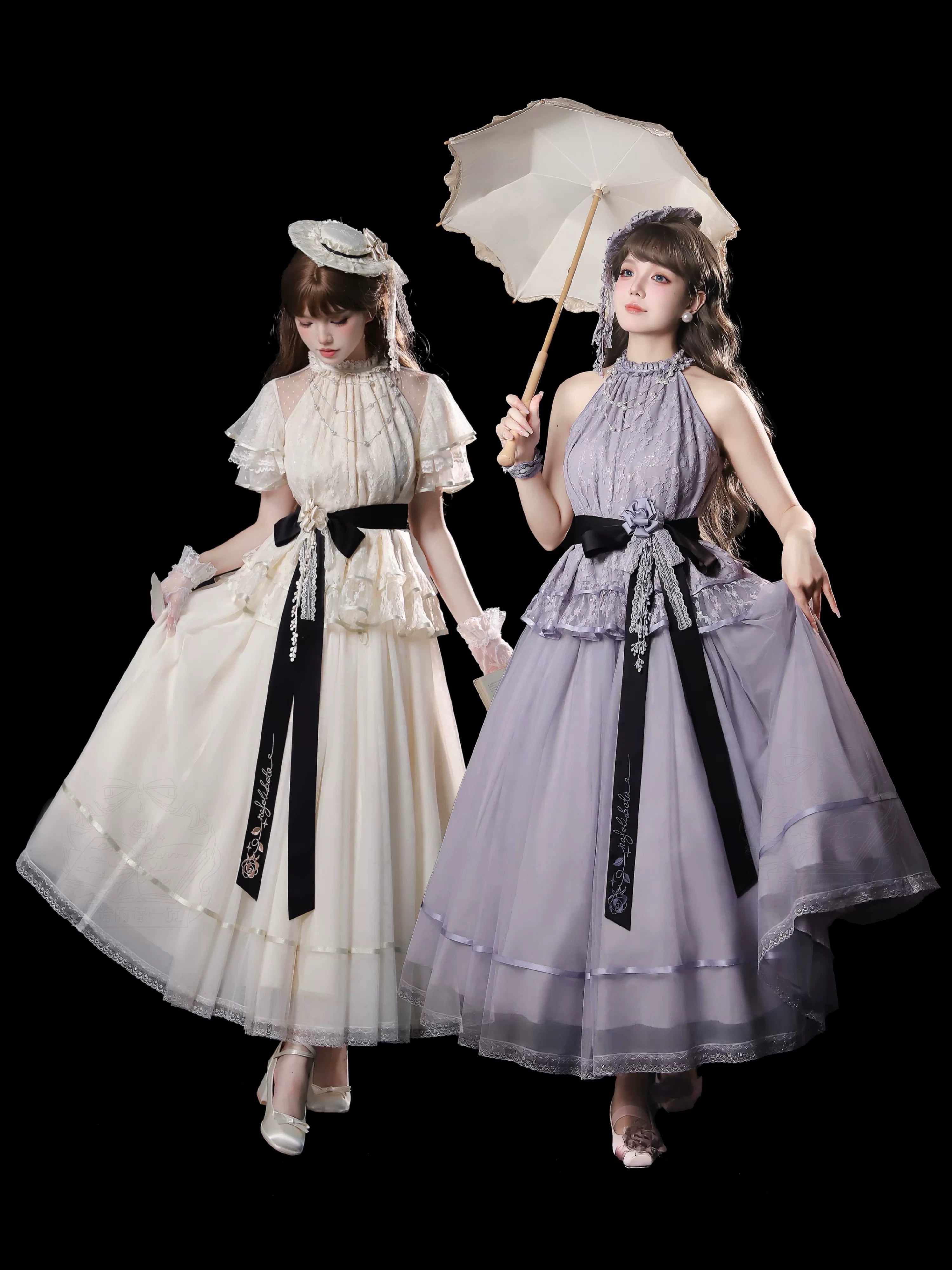 Moonlight Ode - Classic Lolita Lace Halter-neck Blouse & Tulle Skirt Set