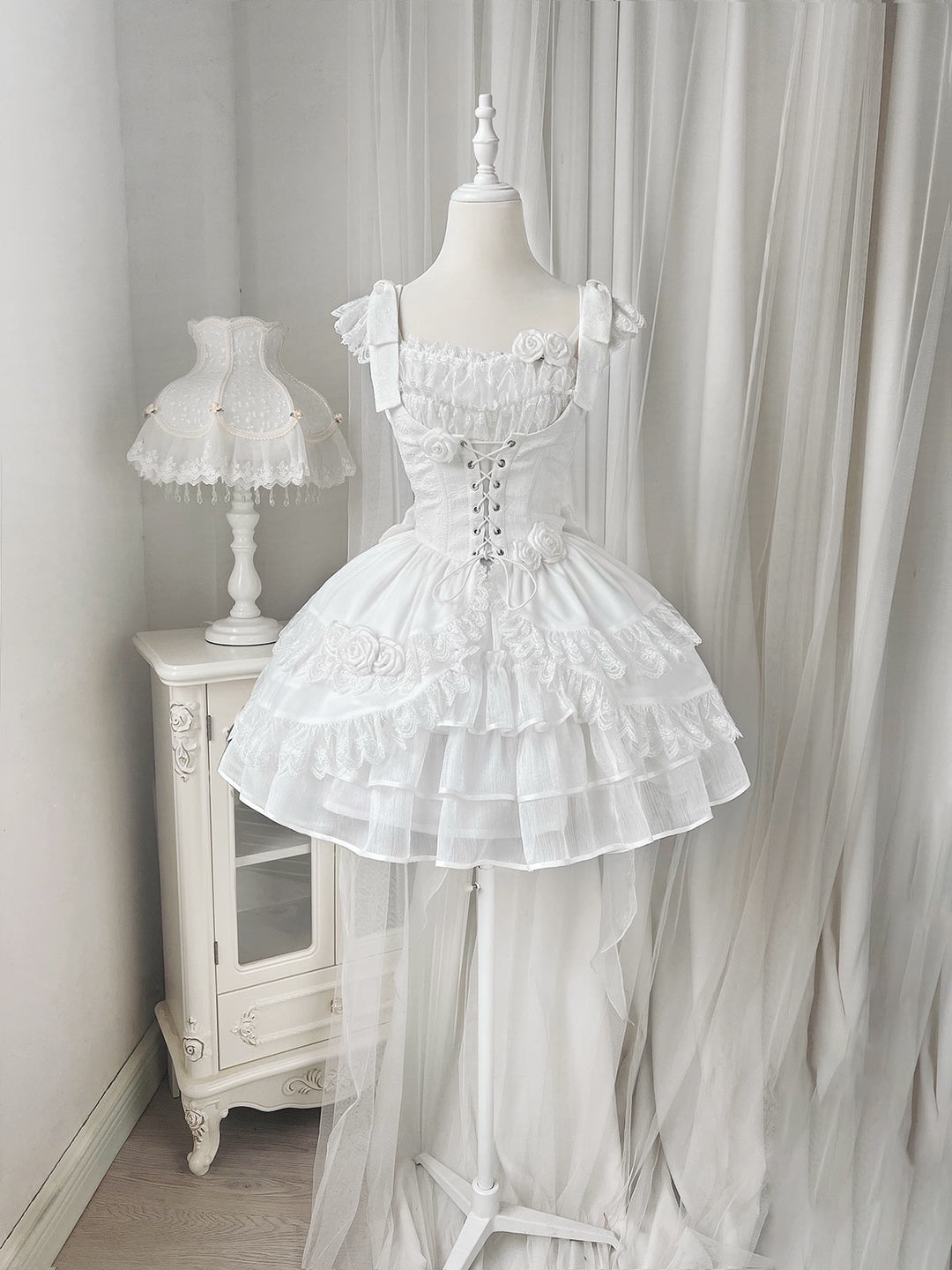 Your princess~Sweet Lolita White Princess Flounce Hemline OP S outter camisole+suspender skirt 