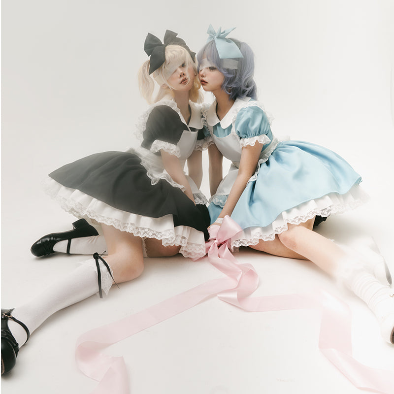 Daydream Whisper~Dream Doll~Plus Size Maid Lolita OP Suit Black and Blue Dress Blue Bow KC Only(free size) S