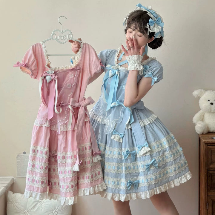 Uncle Wall Original~Cream Piping Artist~Cotton Sweet Lolita OP Halter-neck Dress With Accessory