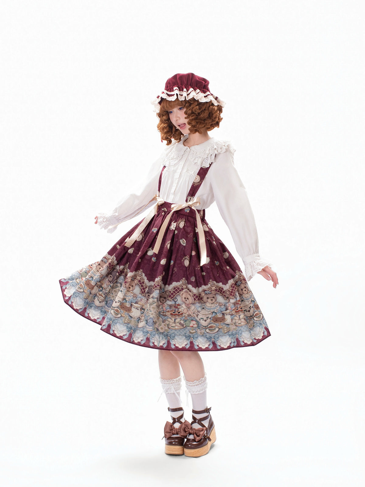 Bear's Tea Party - Kawaii Vintage Lolita Suspender Skirt, Bear Print 46007:871891