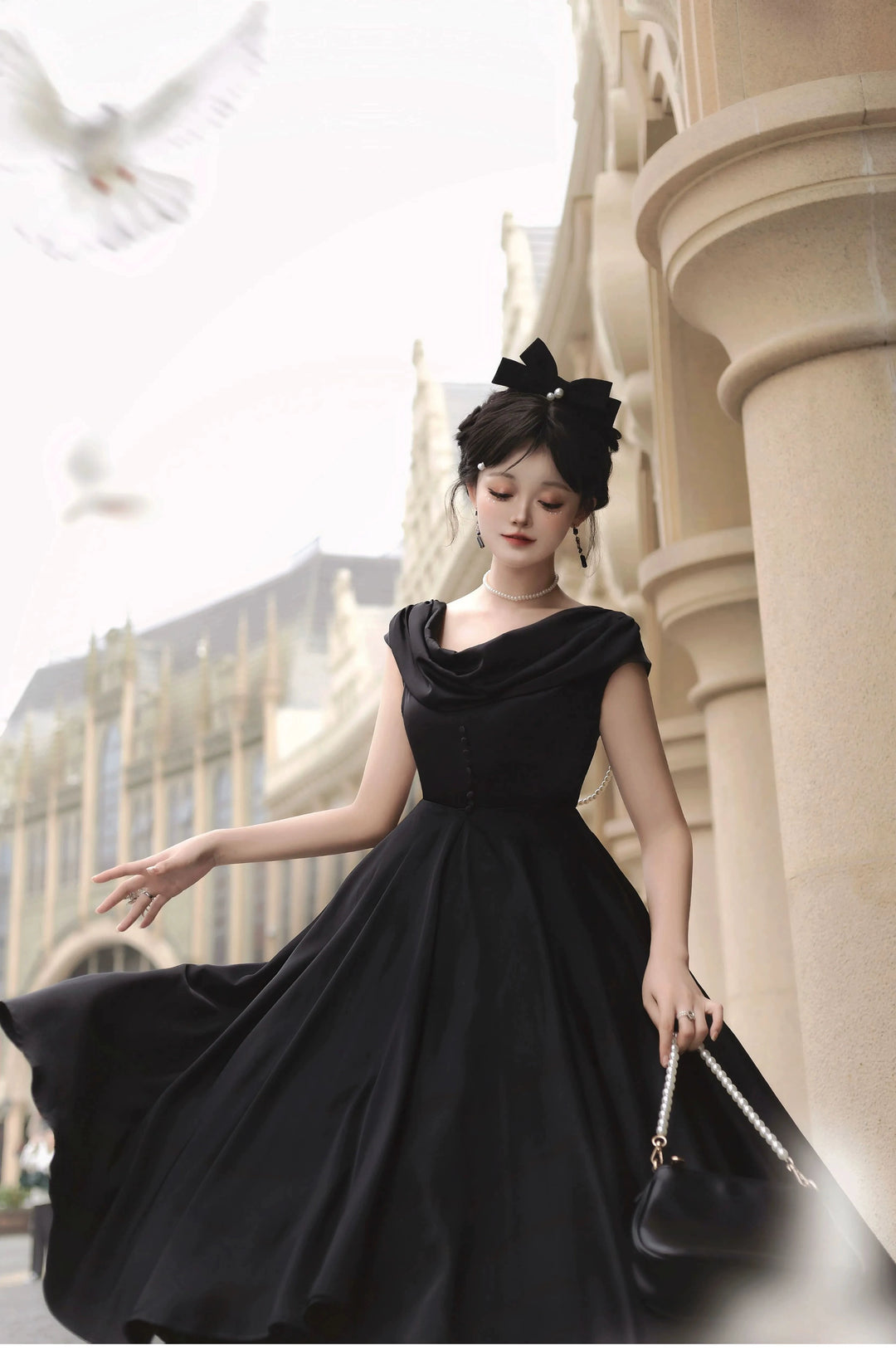 Airfreeing~To Herben~Elegant Lolita JSK Dress Ruffle Collar and Round Collar JSK Dress Set ruffled collar off-shoulder dress only S black