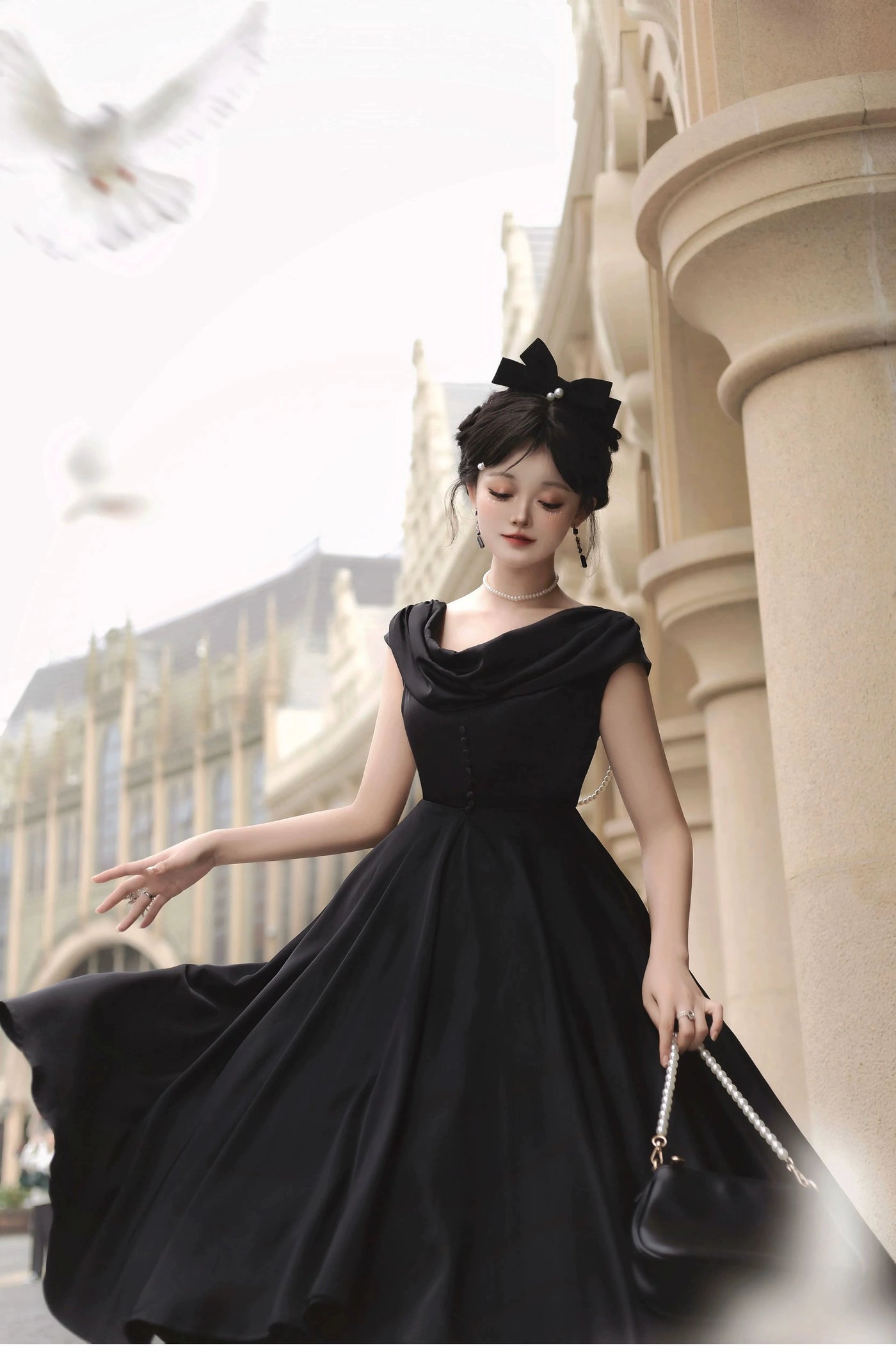 Airfreeing~To Herben~Elegant Lolita JSK Dress Ruffle Collar and Round Collar JSK Dress Set ruffled collar off-shoulder dress S black