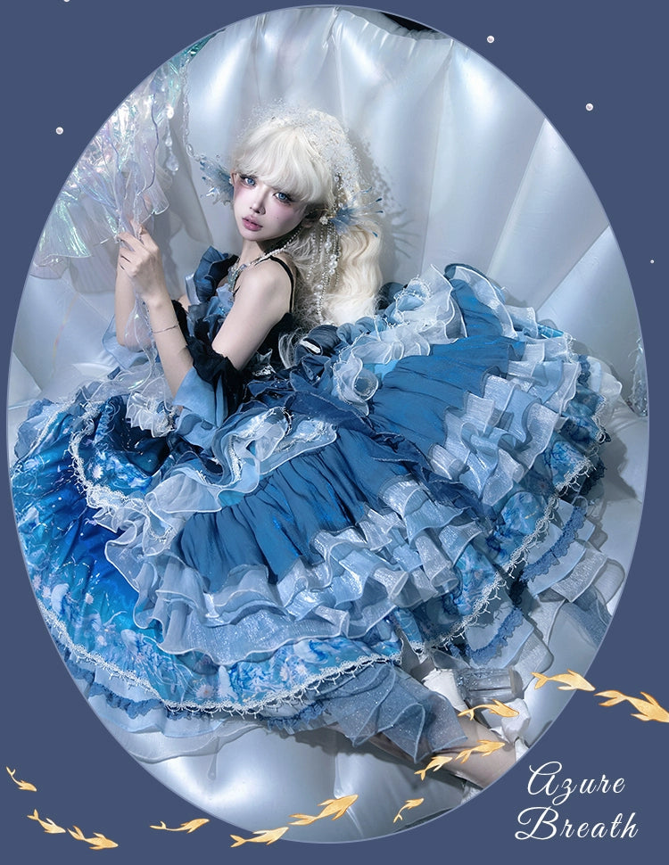 YingLuoFu - Blue Breath Jellyfish - Classic Lolita Jumper Dress, Side Zipper