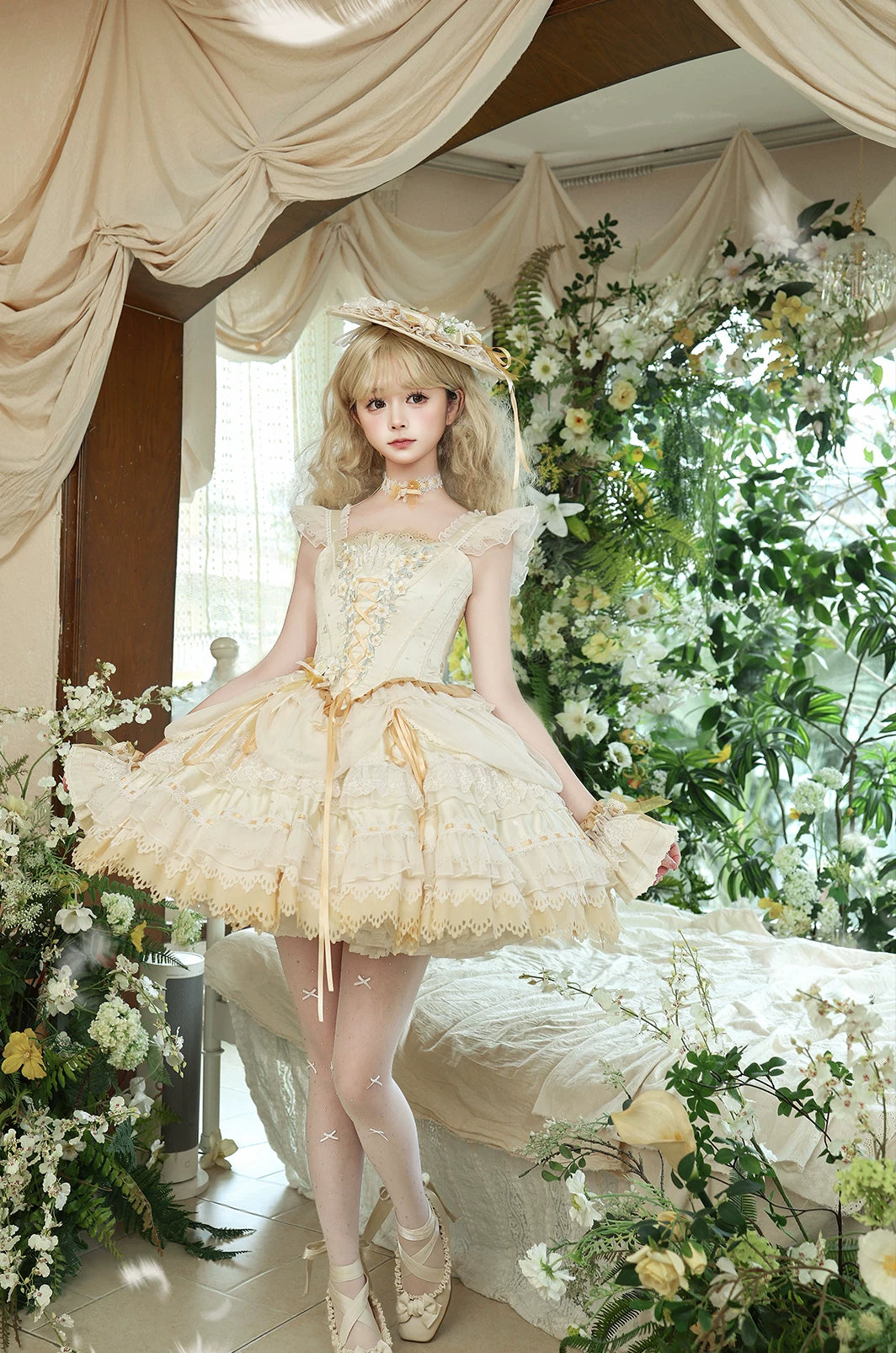 Yellow Blossom & Rose - Sweet Lolita Floral Embroidery JSK, Drawstring Lift-up Hem