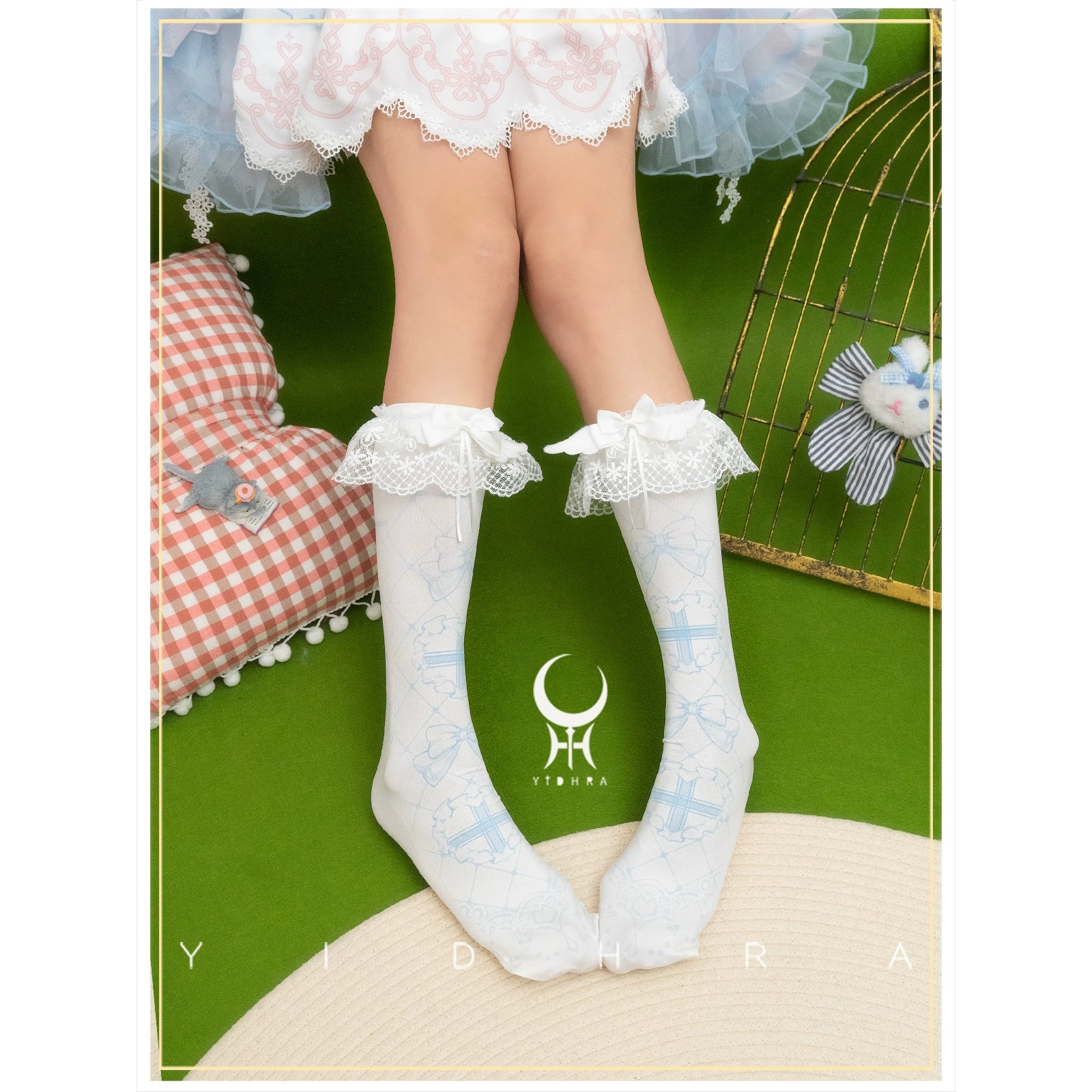 Yidhra - Printed Sweet Lolita Calf Socks, Detachable Calf Band Blue Socks + Calf Bands One Size