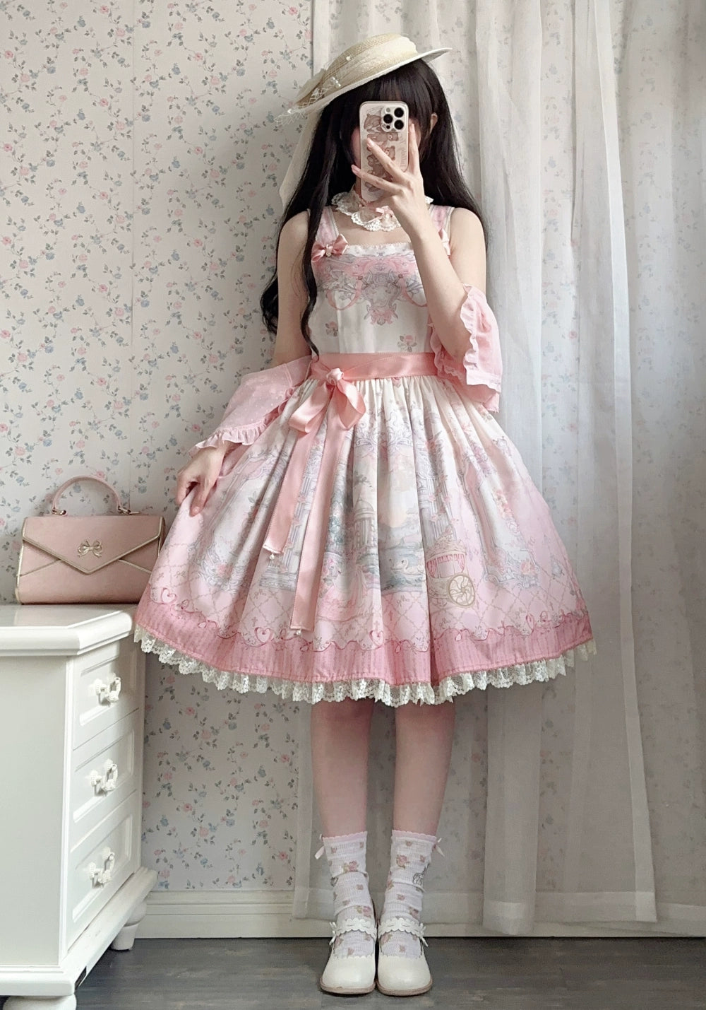 Moon River - Swan Lake Mirror - Pink Sweet Lolita Print JSK Dress 43705:783431