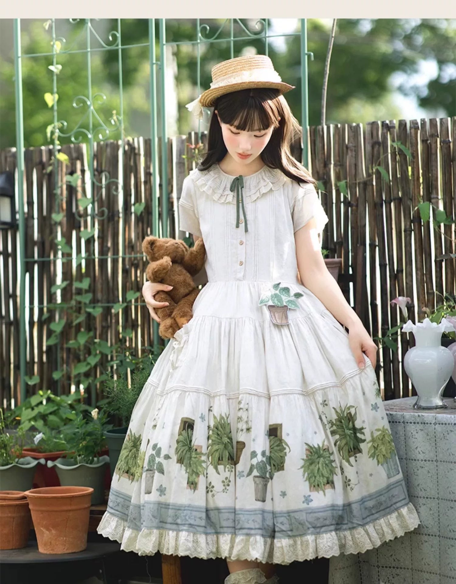 Piggy Bun - Potted Plant - Country Lolita Dress, Green Plant Print