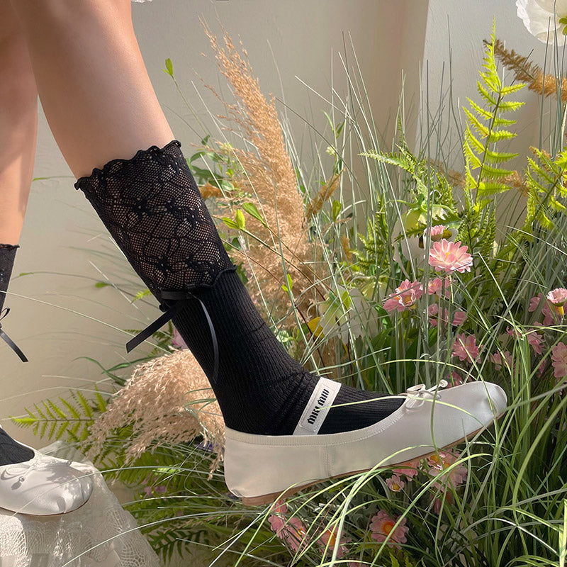 WAGUIR - Sweet Lolita Accessory Patchwork Lace Pile Socks black One Size