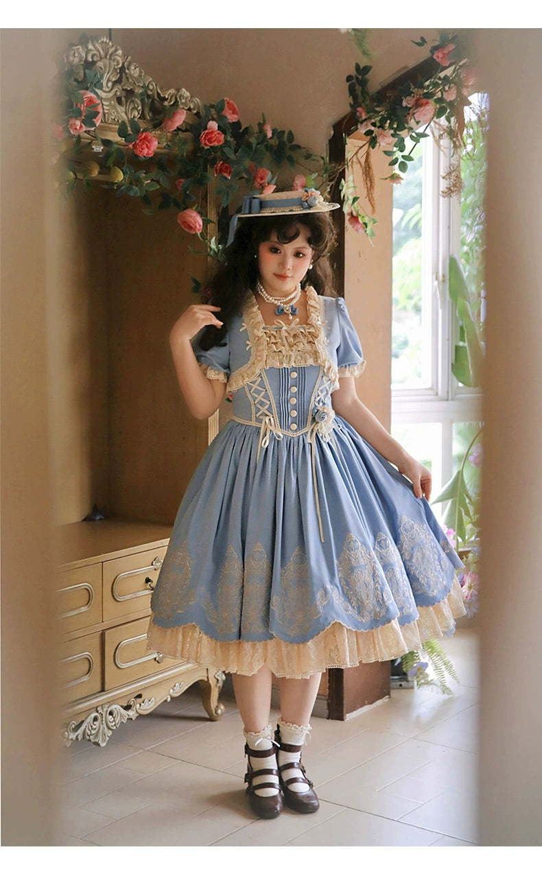 Amber Realm - Dream Strings - Embroidered Classic Lolita OP Dress, Princess Sleeves (2XL L M S XL) 44349:805132