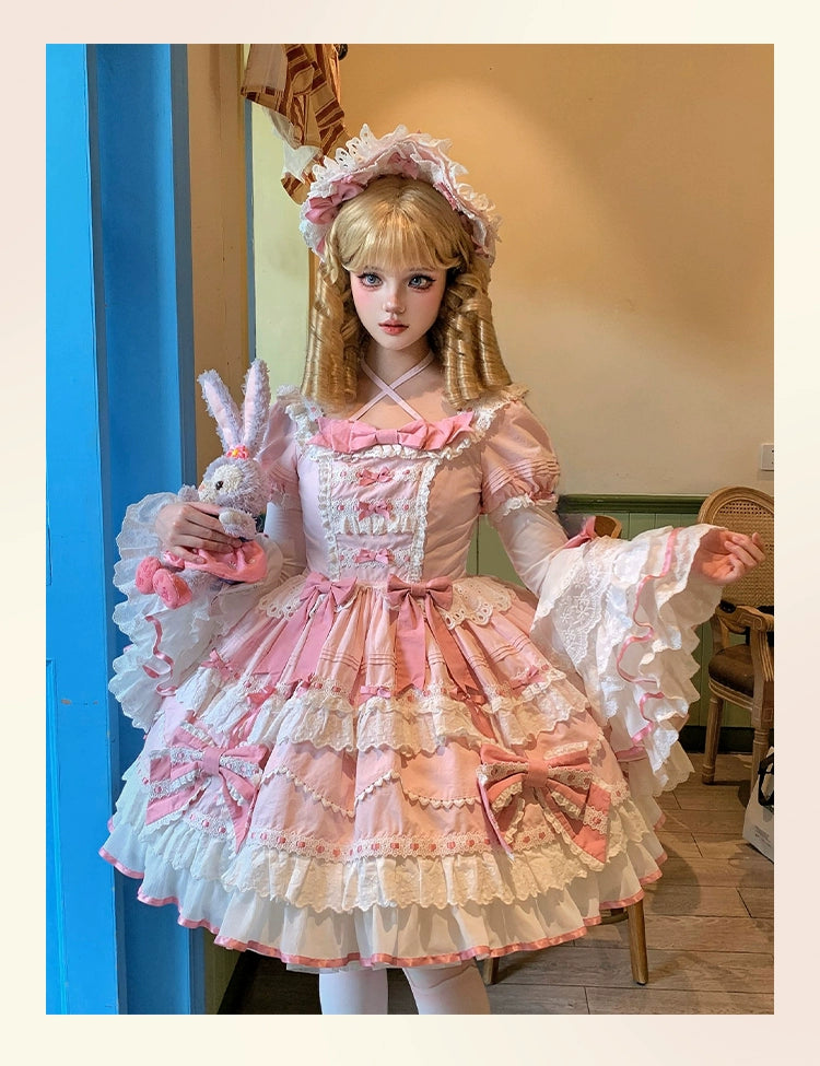 Heartbeat doll~Lily's Tea Party~Pink Old School Lolita OP Dress Long Sleeve Long Sleeve OP Only S