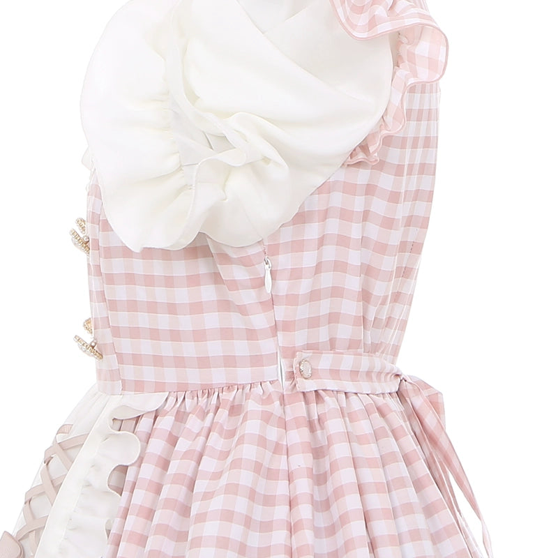 PuppetBombs~Sweet Lolita Dress Pink Plaid Jirai Kei Dress Short Sleeve