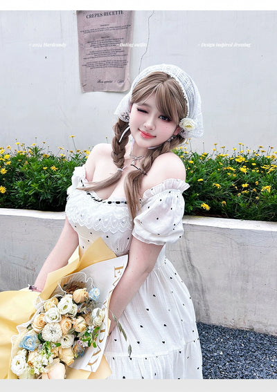 Yingtang~Sweet Lolita Dress Plus Size Polka Dot White Black Short Sleeve OP   