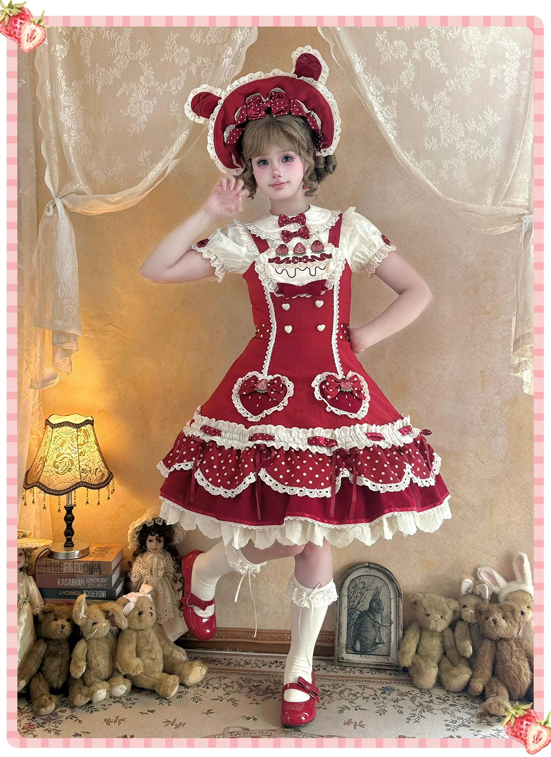 Cream Berry Party - Sweet Lolita JSK Dress, Strawberry Polka-Dot Print 45860:866094
