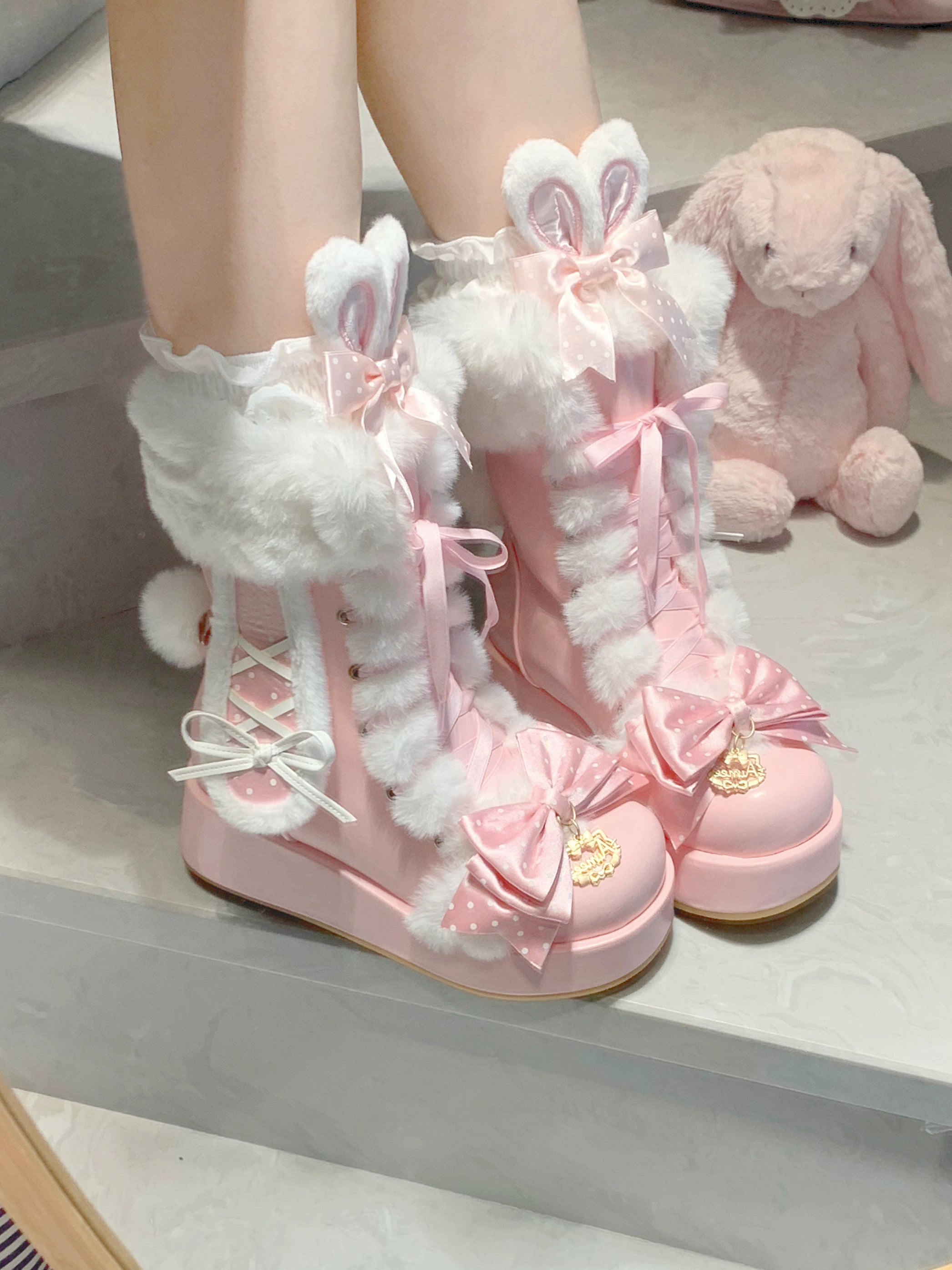 Aimee - Cherry Snow Bunny Ears - Winter Sweet Lolita Boots, Bunny Ears 44050:793560