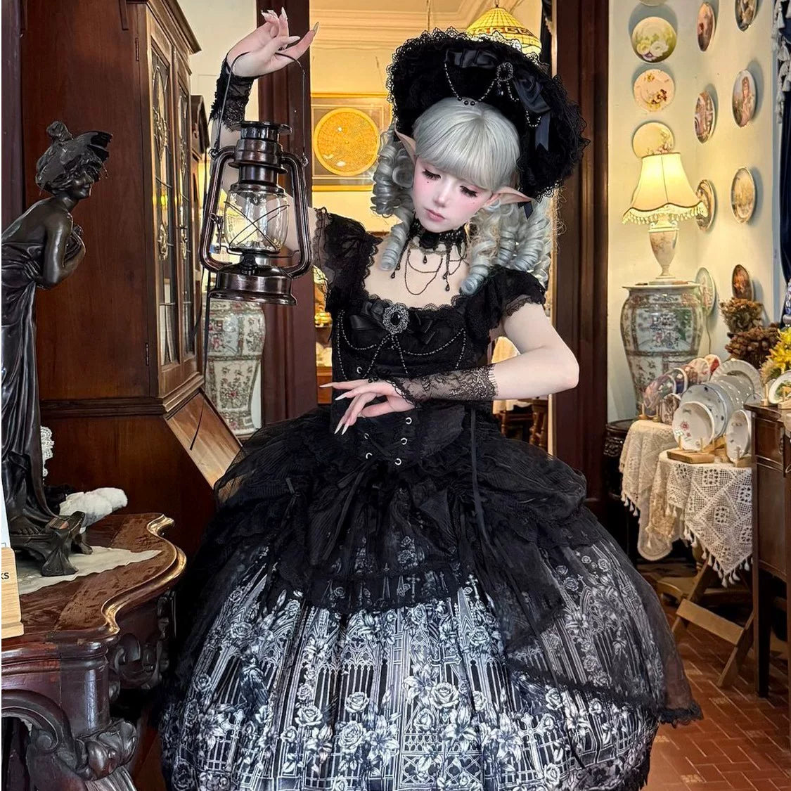 Thorn Feather Relic - Gothic Lolita JSK Dress, Crow and Rose Print 45863:866247