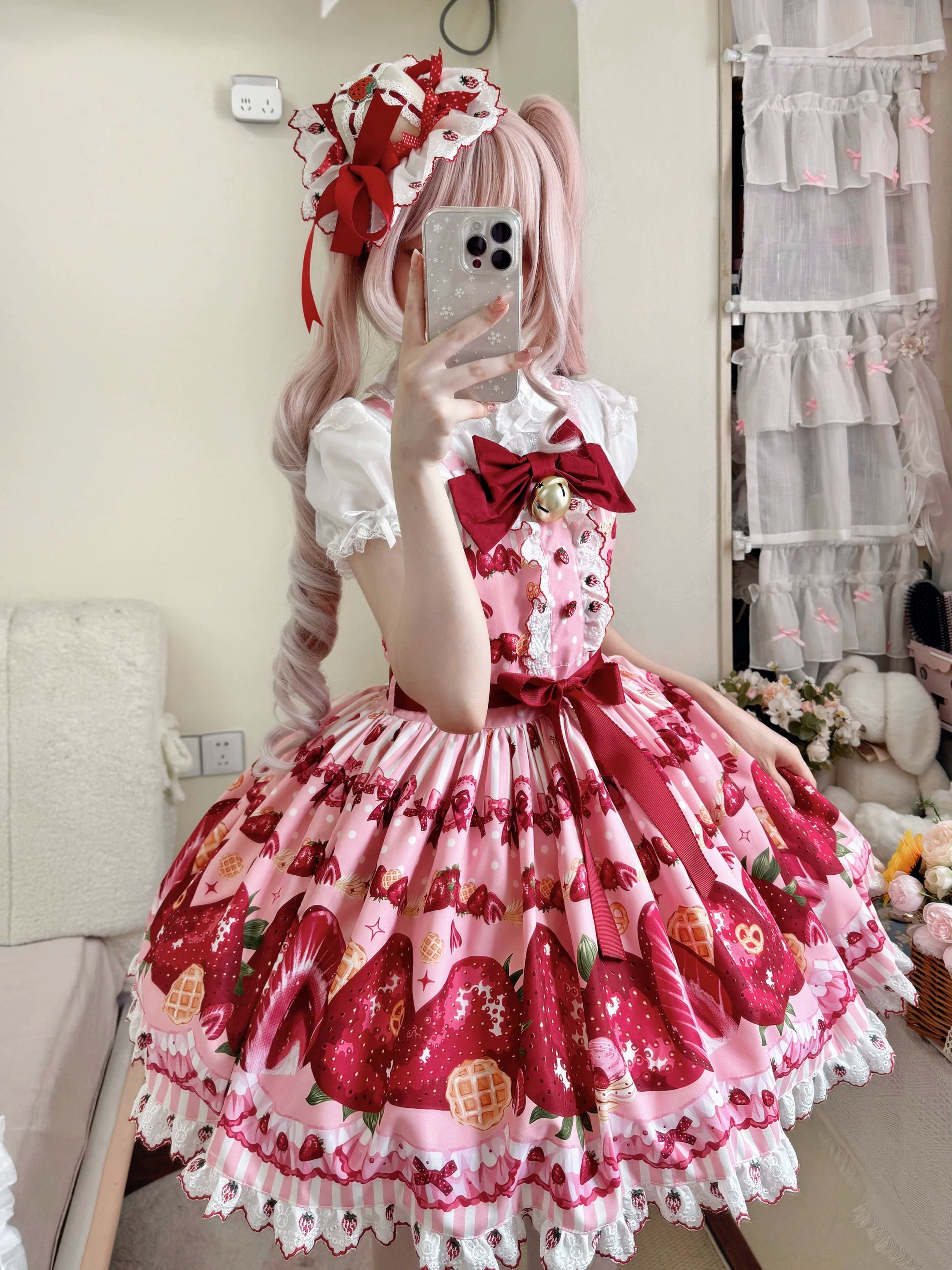 Strawberry Sweetheart Cake - Sweet Lolita Salopette & JSK, Strawberry Print