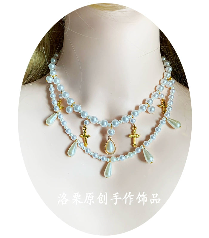 Luo Li~Wedding Lolita Necklace Multi-layer Pearl Pendant   