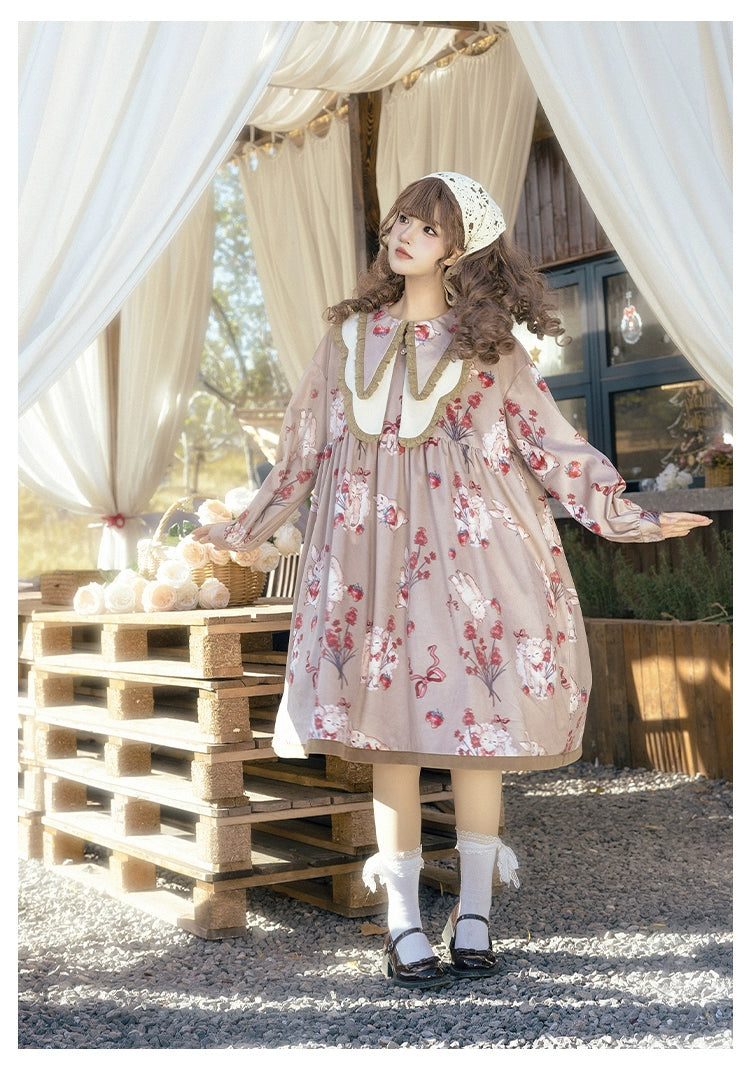 With PUJI~Sheepberry Bunny Air~Sweet Lolita Dress Velvet Print JSK and OP   