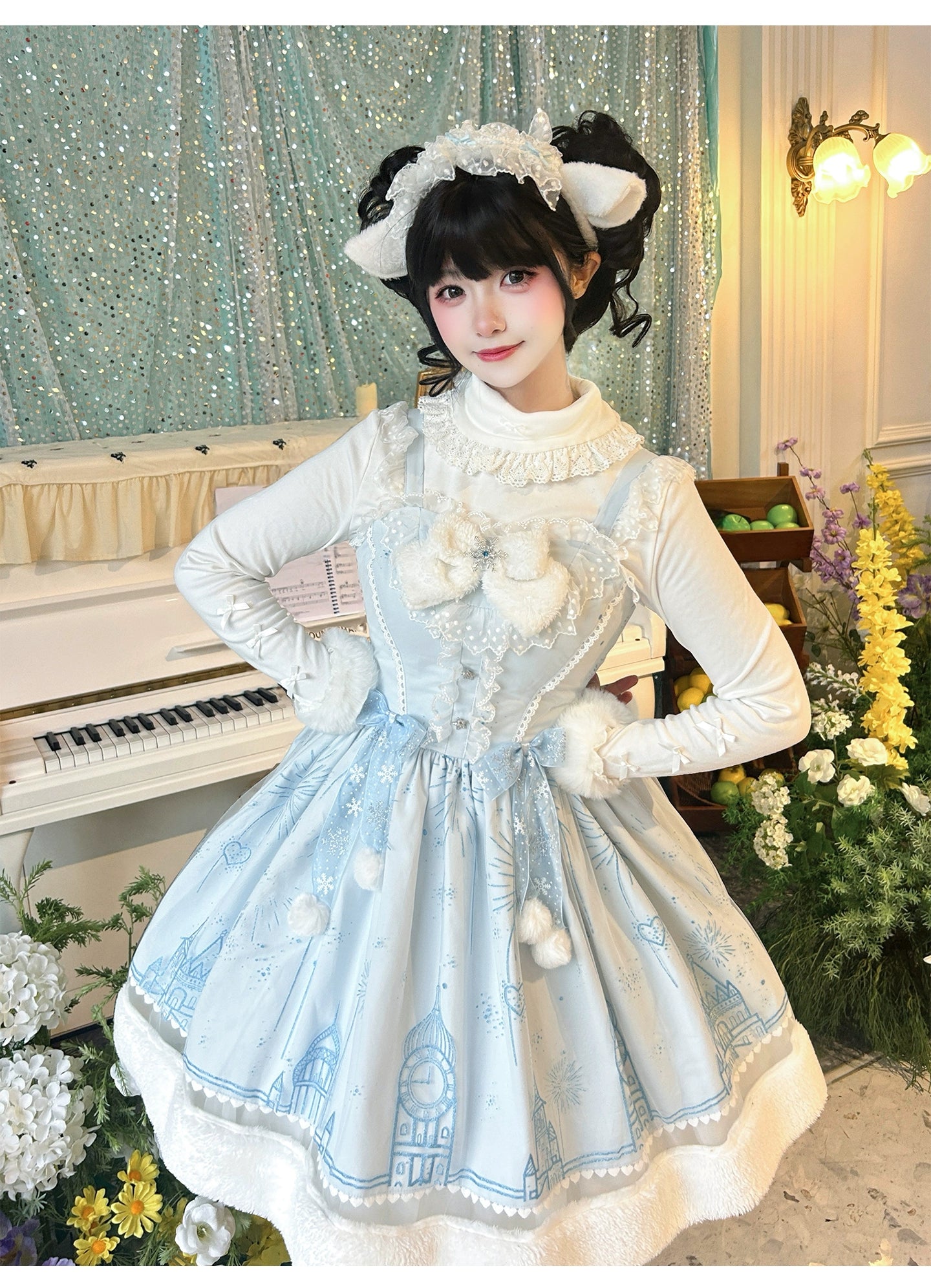 ZhiJinYuan - Snow Castle - Winter Sweet Lolita JSK Cape Dress, Blue Castle Print 44107:796452