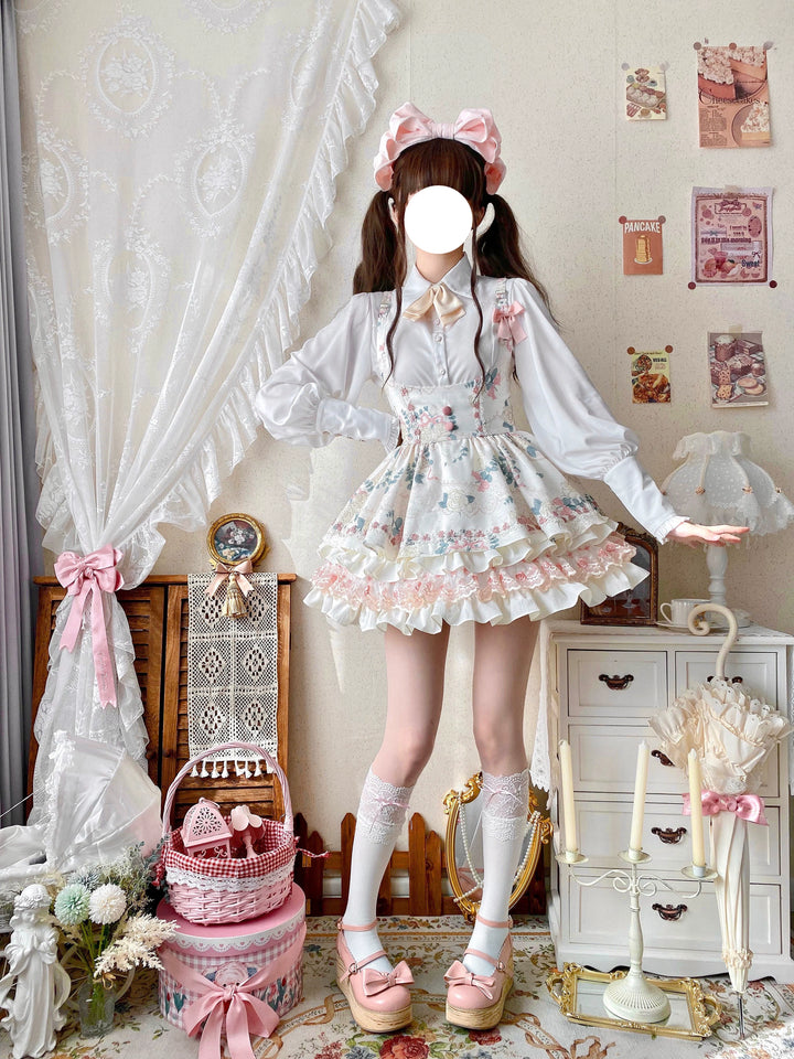 Qianmu~Rose Cream~Sweet Lolita Dress Fishbone Tiered Bust-supporting Dress   