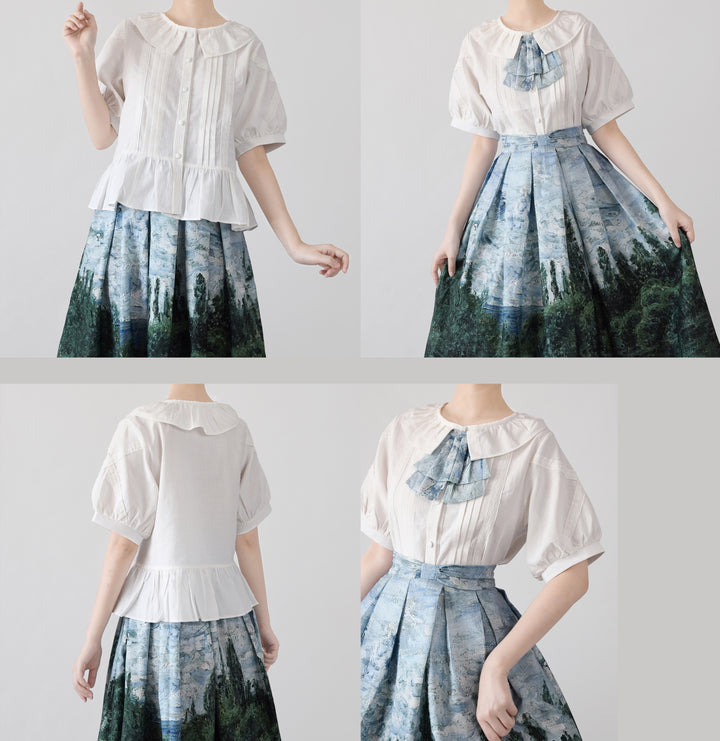 MIST~Spring Retro~Cotton Kawaii Lolita Shirt with Ruffled Neck and Lace Detail 42777:753226