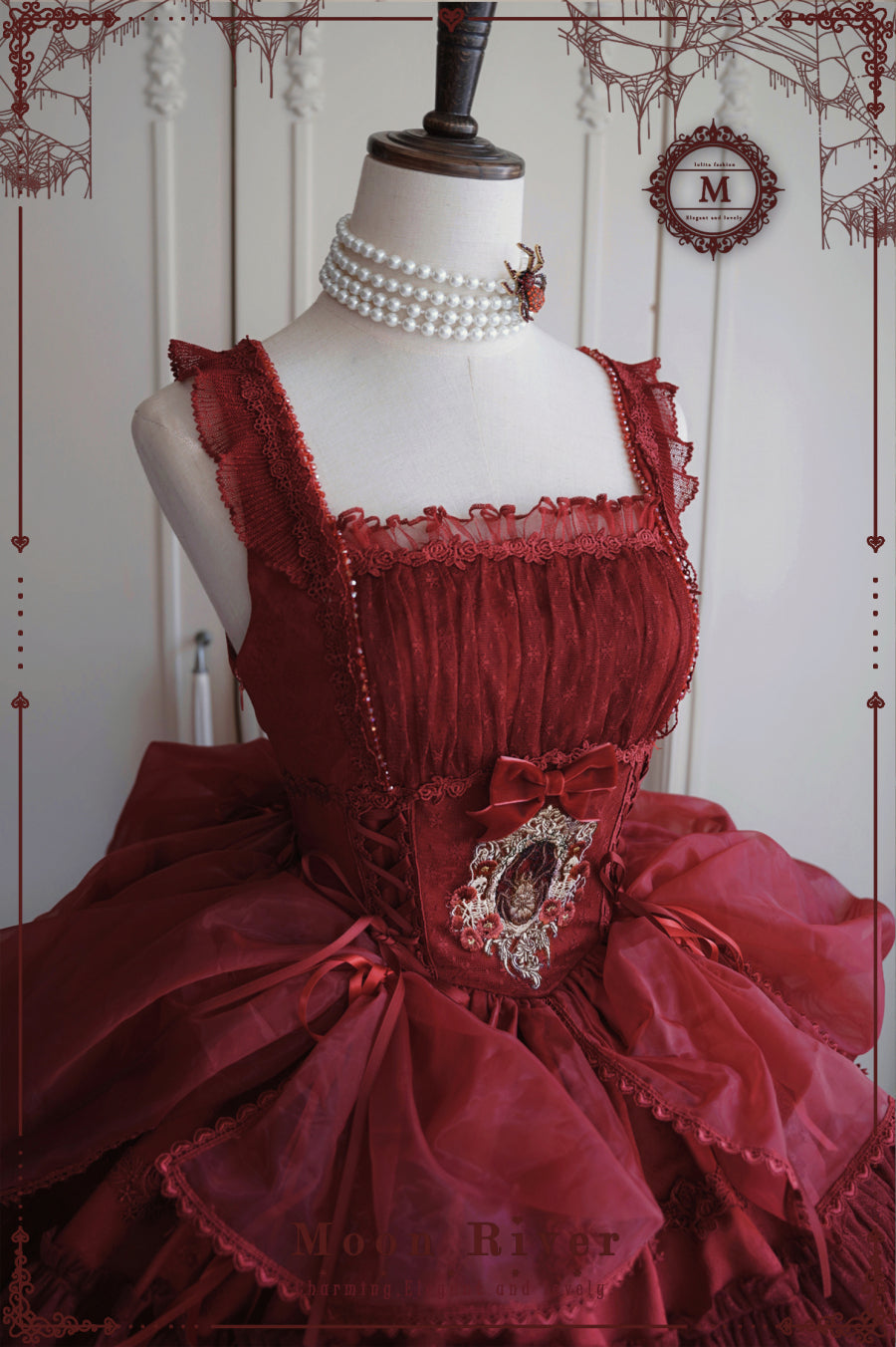 (BFM)Moon River~Gothic Lolita Dress in Red and Black Color S red JSK 2 version- tassel hem-long version 