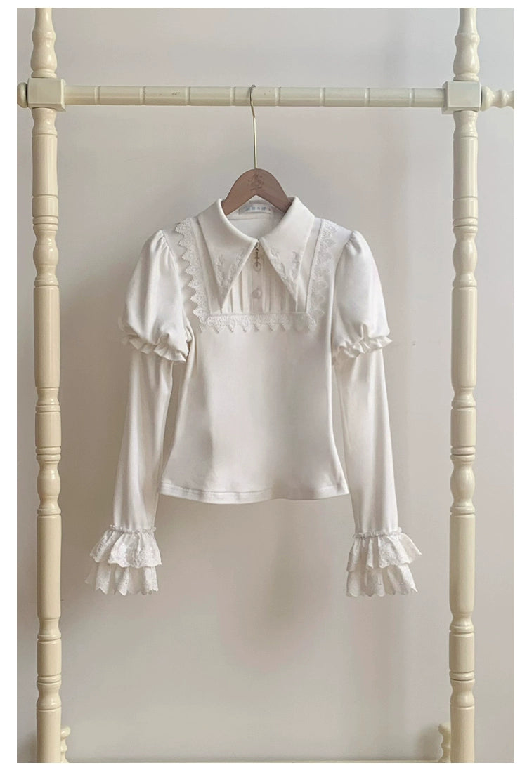 With PUJI - The Vow - Solid Lolita Sweater, Juliet Sleeve, Pointed Collar White S