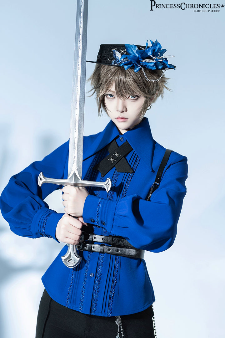 Princess Chronicles~Black Dragon~Gothic Lolita Shirt Retro Elegant Blouse Multicolors S Blue shirt (female version) 