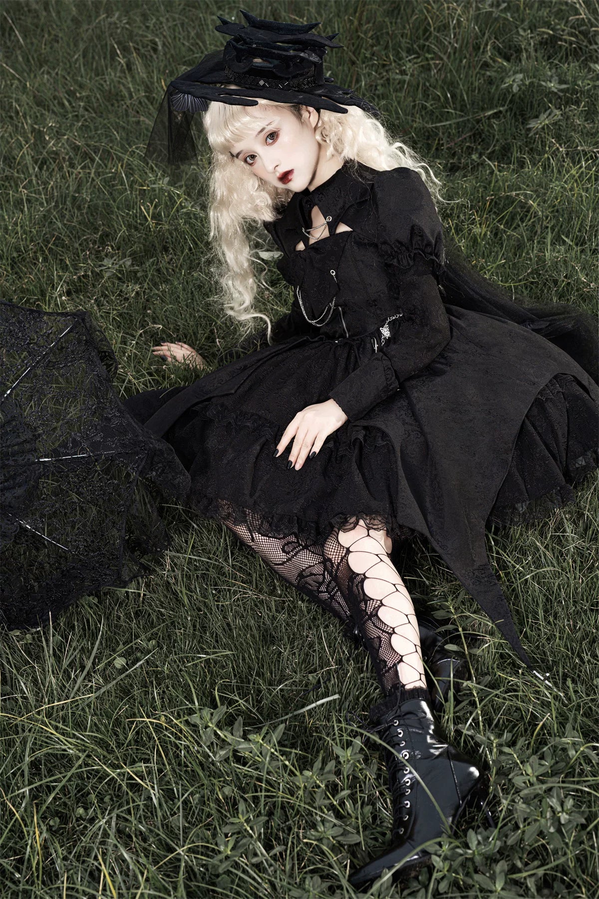 Darknight Creed - Gothic Lolita Jacquard OP, Irregular Hem & Cross Pendants 45847:865295