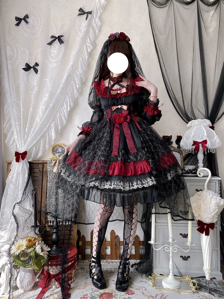 Uncle Wall Original~Night of Berea~Gothic Lolita OP Black and Red Lolita Dress