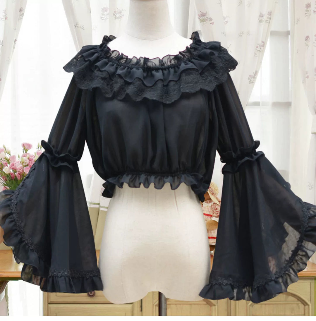 Motadalu~Classic Lolita Shirt Lace Princess Sleeves Chiffon Lolita Blouse Black (open-shoulder neckline) Free size