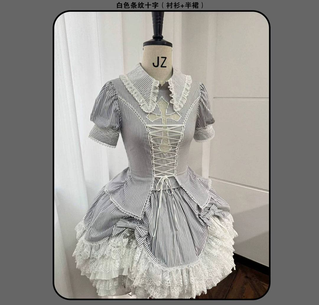 Susin Lolita - Striped Cross - Gothic Coordinated Lolita Set, Adjustable Blouse & Skirt