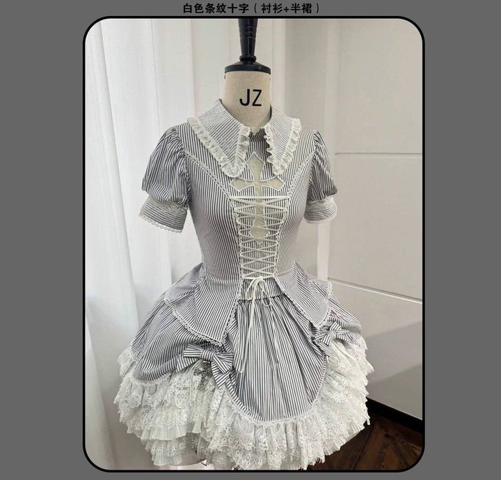 Susin Lolita - Striped Cross - Gothic Coordinated Lolita Set, Adjustable Blouse & Skirt