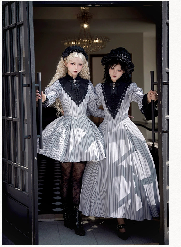 With PUJI~Nocturne SP~Striped Gothic Lolita OP Twin Lolita Dress with Apron